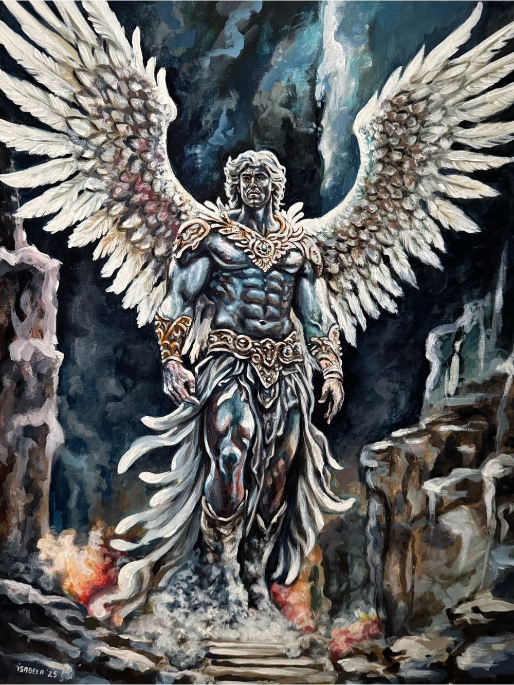 Majestic Winged Warrior Art Print - Blue, White, Gold
